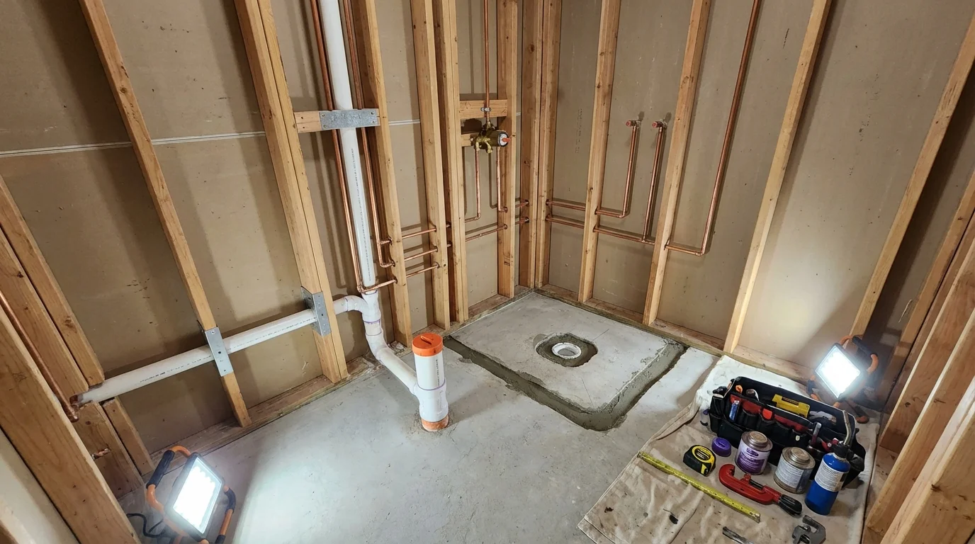 Bathroom rough-in plumbing during remodel by Johns Plumbing LLC in Fairbanks