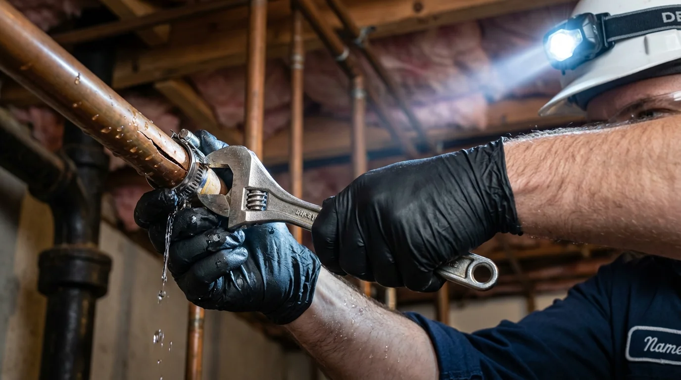 Emergency pipe clamp repair being performed by a Johns Plumbing LLC plumber in Fairbanks