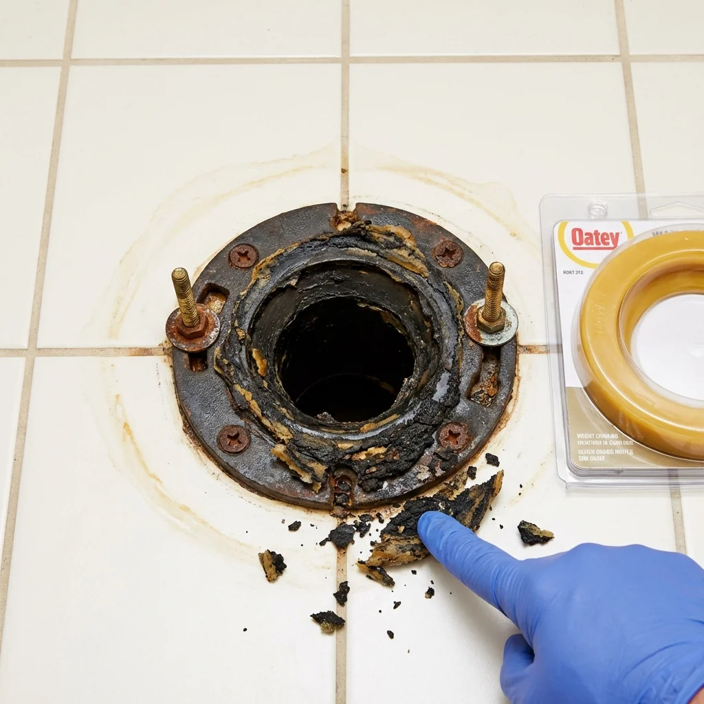 Failed wax ring showing water seepage at the base of a toilet in a Fairbanks, AK home