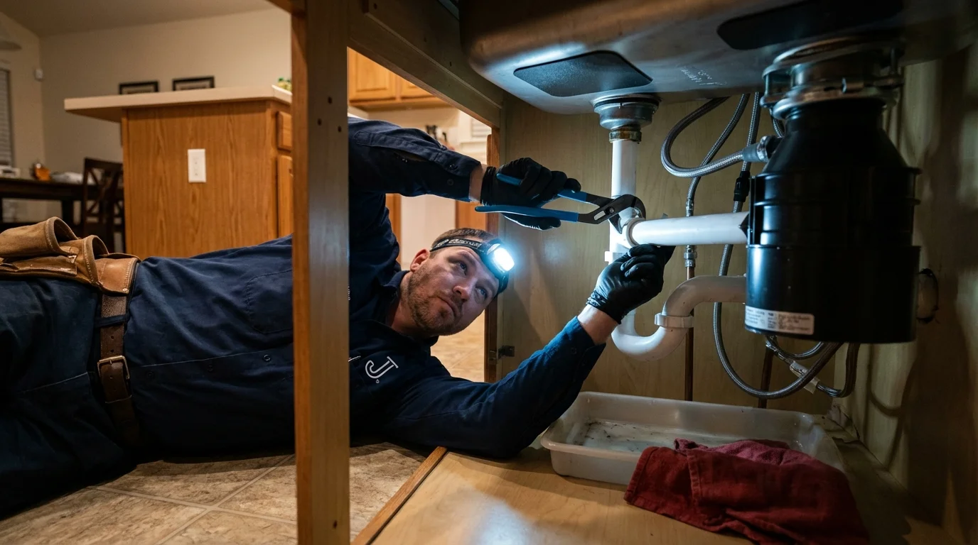 P-trap and supply line connections under a kitchen sink showing a common leak point in Fairbanks, AK
